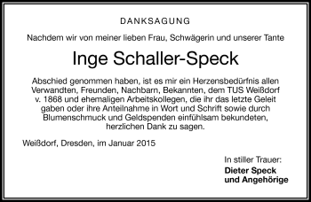 Traueranzeige von Inge Schaller-Speck von Frankenpost