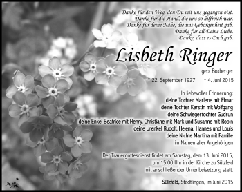 Traueranzeige von Liesbeth Ringer von Südthüringer Presse