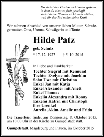Traueranzeige von Hilde Patz von Südthüringer Presse