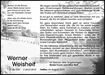 Traueranzeige von Werner Weisheit von Südthüringer Presse