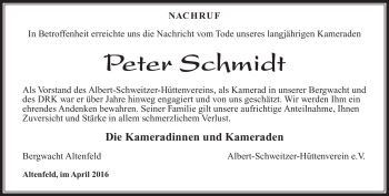 Traueranzeige von Peter Schmidt von Südthüringer Presse