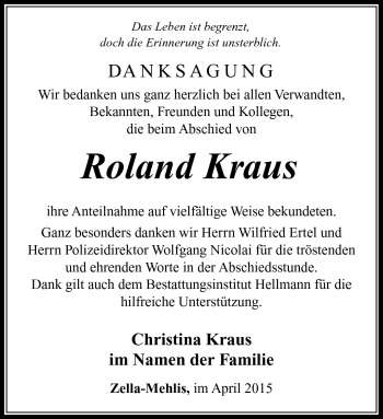 Traueranzeige von Roland Kraus von Südthüringer Presse