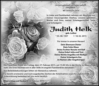 Traueranzeige von Judith Helk von Südthüringer Presse