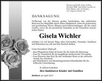 Traueranzeige von Gisela Wichler von Südthüringer Presse