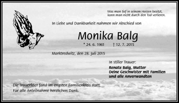 Traueranzeige von Monika Balg von Frankenpost