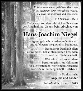 Traueranzeige von Hans-Joachim Niegel von Südthüringer Presse