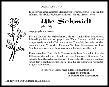 Traueranzeige von Ute Schmidt von Südthüringer Presse