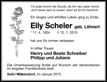 Traueranzeige von Elly Schneider von Südthüringer Presse
