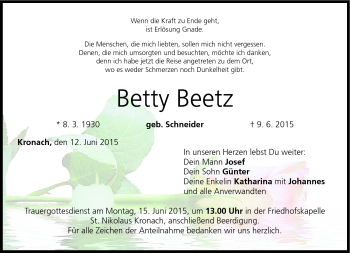 Traueranzeige von Betty Beetz von Neue Presse Coburg