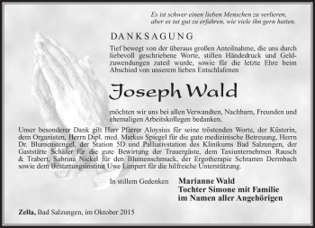 Traueranzeige von Joseph Wald von Südthüringer Presse