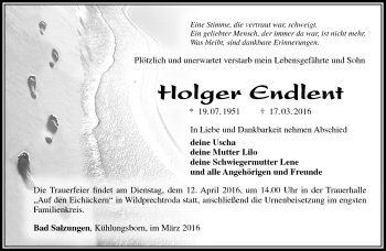 Traueranzeige von Holger Endlent von Südthüringer Presse