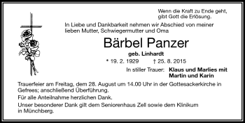 Traueranzeige von Bärbel Panzer von Frankenpost