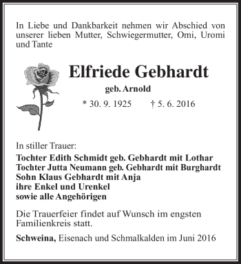 Traueranzeige von Elfriede Gebhardt von Südthüringer Presse