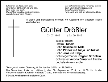 Traueranzeige von Günter Drößler von Neue Presse Coburg