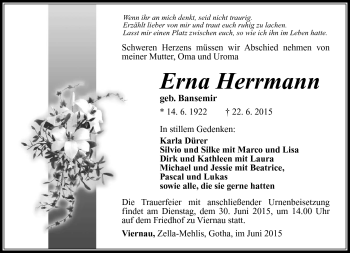 Traueranzeige von Erna Herrmann von Südthüringer Presse