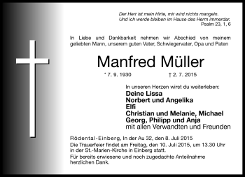 Traueranzeige von Manfred Müller von Neue Presse Coburg