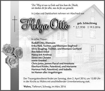 Traueranzeige von Helga Otto von Südthüringer Presse
