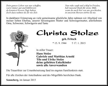 Traueranzeige von Christa Stolze von Südthüringer Presse