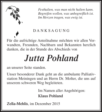 Traueranzeige von Jutta Pohland von Südthüringer Presse