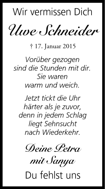 Traueranzeige von Uwe Schneider von Neue Presse Coburg