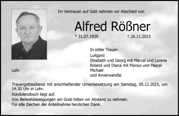 Traueranzeige von Alfred Rößner von Neue Presse Coburg