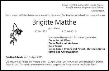 Traueranzeige von Brigitte Matthe von Neue Presse Coburg