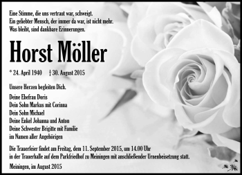 Traueranzeige von Horst Möller von Südthüringer Presse