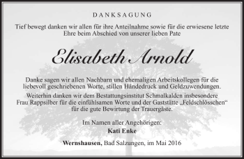 Traueranzeige von Elisabeth Arnold von Südthüringer Presse