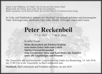 Traueranzeige von Peter Reckenbeil von Südthüringer Presse