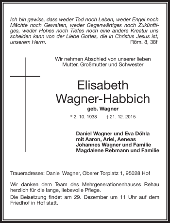 Traueranzeige von Eleisabeth Wagner-Habbich von Frankenpost