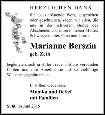 Traueranzeige von Marianne Berszin von Südthüringer Presse