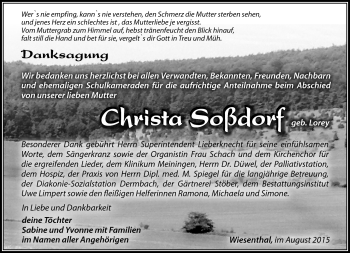 Traueranzeige von Christa Soßdorf von Südthüringer Presse