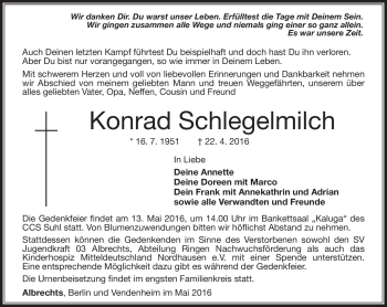 Traueranzeige von Konrad Schlegelmilch von Südthüringer Presse