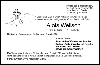 Traueranzeige von Alois Welisch von Frankenpost