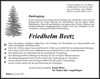 Traueranzeige von Friedhelm Beetz von Südthüringer Presse