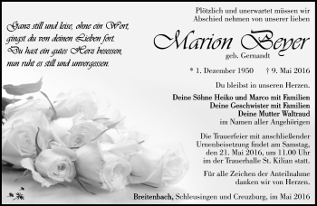 Traueranzeige von Marion Beyer von Südthüringer Presse
