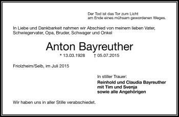 Traueranzeige von Anton Bayreuther von Frankenpost