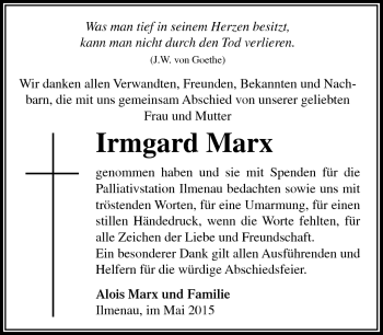 Traueranzeige von Irmgard Marx von Südthüringer Presse
