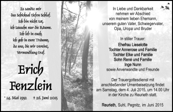 Traueranzeige von Erich Fenzlein von Südthüringer Presse