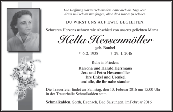 Traueranzeige von Hella Hessenmöller von Südthüringer Presse