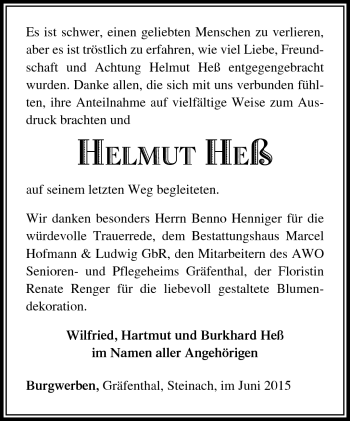 Traueranzeige von Hess helmut von Südthüringer Presse