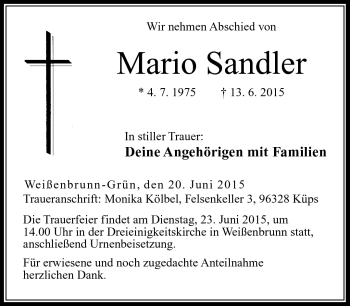 Traueranzeige von Mario Sandler von Neue Presse Coburg