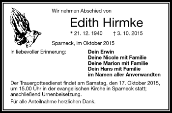 Traueranzeige von Edith Hirmke von Frankenpost