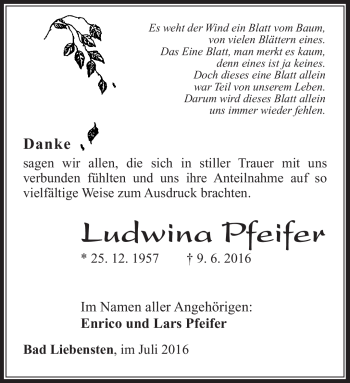 Traueranzeige von Ludwina Pfeifer von Südthüringer Presse