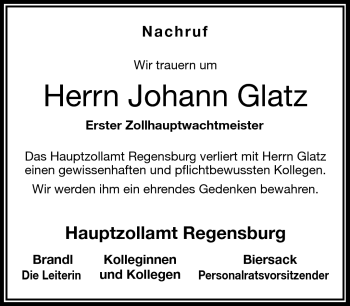 Traueranzeige von Johann Glatz von Frankenpost