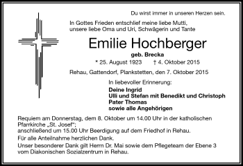 Traueranzeige von Emilie Hochberger von Frankenpost
