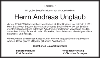 Traueranzeige von Andreas Unglaub von Frankenpost