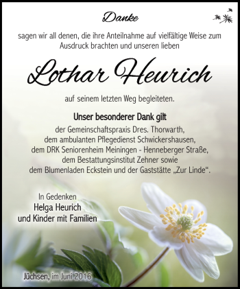 Traueranzeige von Lothar Heurich von Südthüringer Presse