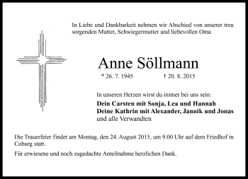 Traueranzeige von Anne Söllmann von Neue Presse Coburg