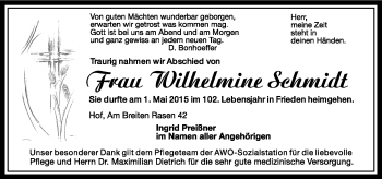 Traueranzeige von Wilhelmine Schmidt von Frankenpost